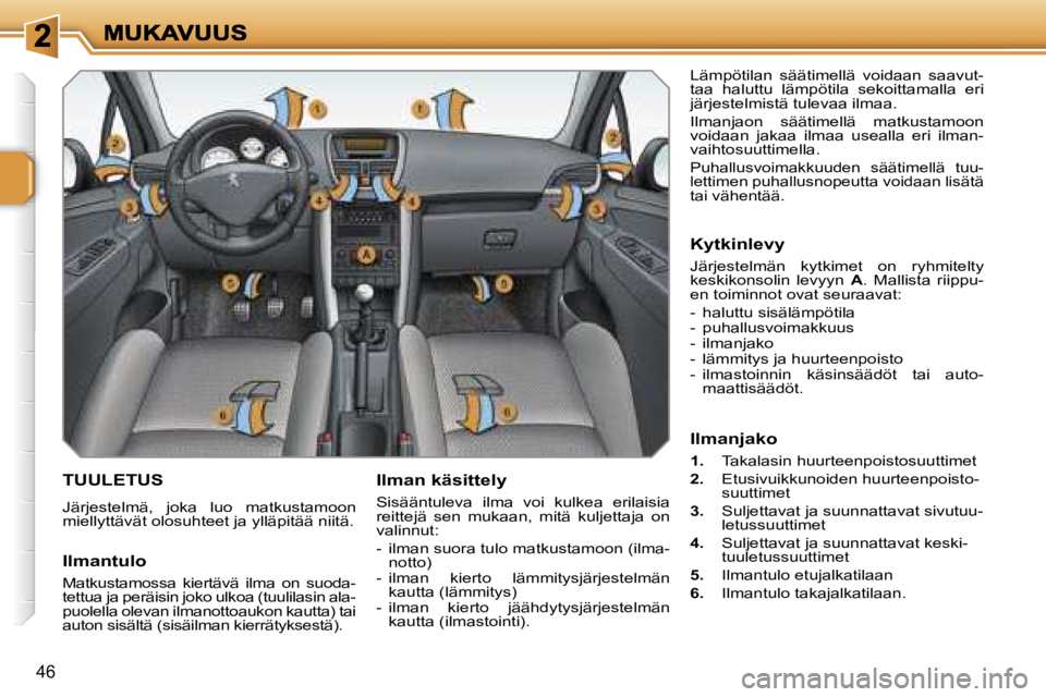PEUGEOT 207 2007  Omistajan Käsikirja (in Finnish) �4�6
�T�U�U�L�E�T�U�S
�J�ä�r�j�e�s�t�e�l�m�ä�,�  �j�o�k�a�  �l�u�o�  �m�a�t�k�u�s�t�a�m�o�o�n� �m�i�e�l�l�y�t�t�ä�v�ä�t� �o�l�o�s�u�h�t�e�e�t� �j�a� �y�l�l�ä�p�i�t�ä�ä� �n�i�i�t�ä�.
�I�l�m�a�n