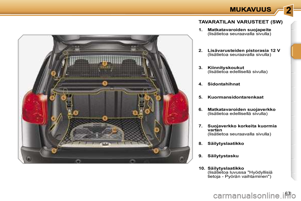 PEUGEOT 207 2007  Omistajan Käsikirja (in Finnish) �6�7
�T�A�V�A�R�A�T�I�L�A�N� �V�A�R�U�S�T�E�E�T� �(�S�W�)
�1�.�  �M�a�t�k�a�t�a�v�a�r�o�i�d�e�n� �s�u�o�j�a�p�e�i�t�e�(�l�i�s�ä�t�i�e�t�o�a� �s�e�u�r�a�a�v�a�l�l�a� �s�i�v�u�l�l�a�)
�2�.�  �L�i�s�ä�