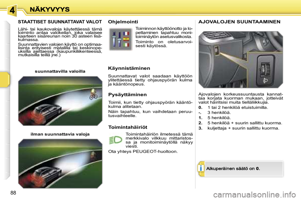 PEUGEOT 207 2007  Omistajan Käsikirja (in Finnish) �i
�8�8
�S�T�A�A�T�T�I�S�E�T� �S�U�U�N�N�A�T�T�A�V�A�T� �V�A�L�O�T
�L�ä�h�i�-�  �t�a�i�  �k�a�u�k�o�v�a�l�o�j�a�  �k�ä�y�t�e�t�t�ä�e�s�s�ä�  �t�ä�m�ä� �t�o�i�m�i�n�t�o�  �a�n�t�a�a�  �v�a�l�o�k�