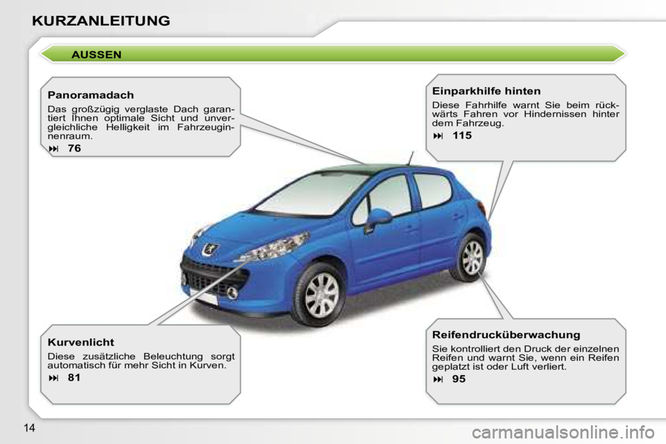 PEUGEOT 207 2006.5  Betriebsanleitungen (in German) �1�4
�K�U�R�Z�A�N�L�E�I�T�U�N�G
�A�U�S�S�E�N
�P�a�n�o�r�a�m�a�d�a�c�h� 
�D�a�s�  �g�r�o�ß�z�ü�g�i�g�  �v�e�r�g�l�a�s�t�e�  �D�a�c�h�  �g�a�r�a�n�- 
�t�i�e�r�t�  �I�h�n�e�n�  �o�p�t�i�m�a�l�e�  �S�i�
