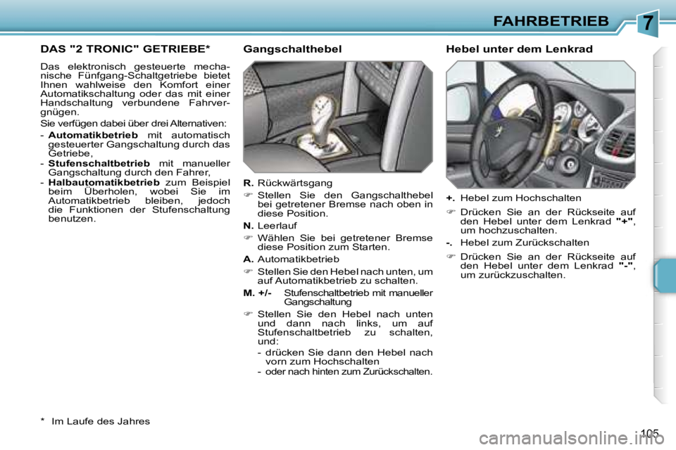 PEUGEOT 207 2006.5  Betriebsanleitungen (in German) �7�F�A�H�R�B�E�T�R�I�E�B
�1�0�5
�D�A�S� �"�2� �T�R�O�N�I�C�"� �G�E�T�R�I�E�B�E�*
�D�a�s�  �e�l�e�k�t�r�o�n�i�s�c�h�  �g�e�s�t�e�u�e�r�t�e�  �m�e�c�h�a�- 
�n�i�s�c�h�e�  �F�ü�n�f�g�a�n�g�-�S�c