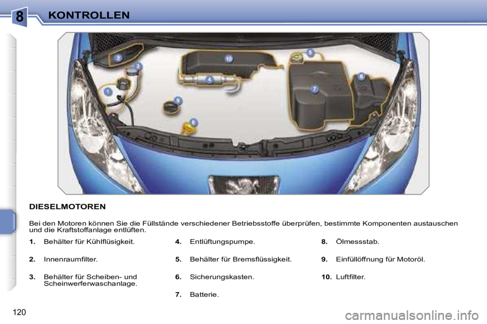 PEUGEOT 207 2006.5  Betriebsanleitungen (in German) �8�K�O�N�T�R�O�L�L�E�N
�1�2�0
�D�I�E�S�E�L�M�O�T�O�R�E�N� 
�B�e�i� �d�e�n� �M�o�t�o�r�e�n� �k�ö�n�n�e�n� �S�i�e� �d�i�e� �F�ü�l�l�s�t�ä�n�d�e� �v�e�r�s�c�h�i�e�d�e�n�e�r� �B�e�t�r�i�e�b�s�s�t�o�f�f