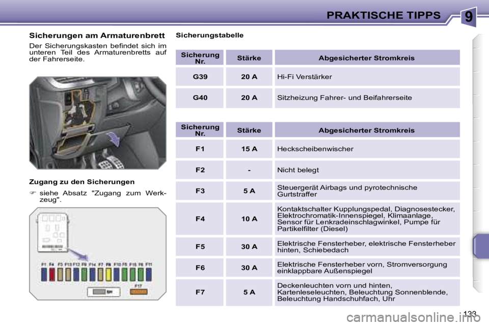 PEUGEOT 207 2006.5  Betriebsanleitungen (in German) �9�P�R�A�K�T�I�S�C�H�E� �T�I�P�P�S
�1�3�3
�S�i�c�h�e�r�u�n�g�e�n� �a�m� �A�r�m�a�t�u�r�e�n�b�r�e�t�t
�D�e�r�  �S�i�c�h�e�r�u�n�g�s�k�a�s�t�e�n�  �b�e�ﬁ�n�d�e�t�  �s�i�c�h�  �i�m�  
�u�n�t�e�r�e�n�  