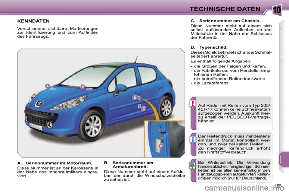 PEUGEOT 207 2006.5  Betriebsanleitungen (in German) �1�0
�!
�i
�T�E�C�H�N�I�S�C�H�E� �D�A�T�E�N
�1�5�3
�K�E�N�N�D�A�T�E�N� 
�V�e�r�s�c�h�i�e�d�e�n�e�  �s�i�c�h�t�b�a�r�e�  �M�a�r�k�i�e�r�u�n�g�e�n�  
�z�u�r�  �I�d�e�n�t�i�ﬁ�z�i�e�r�u�n�g�  �u�n�d�  �