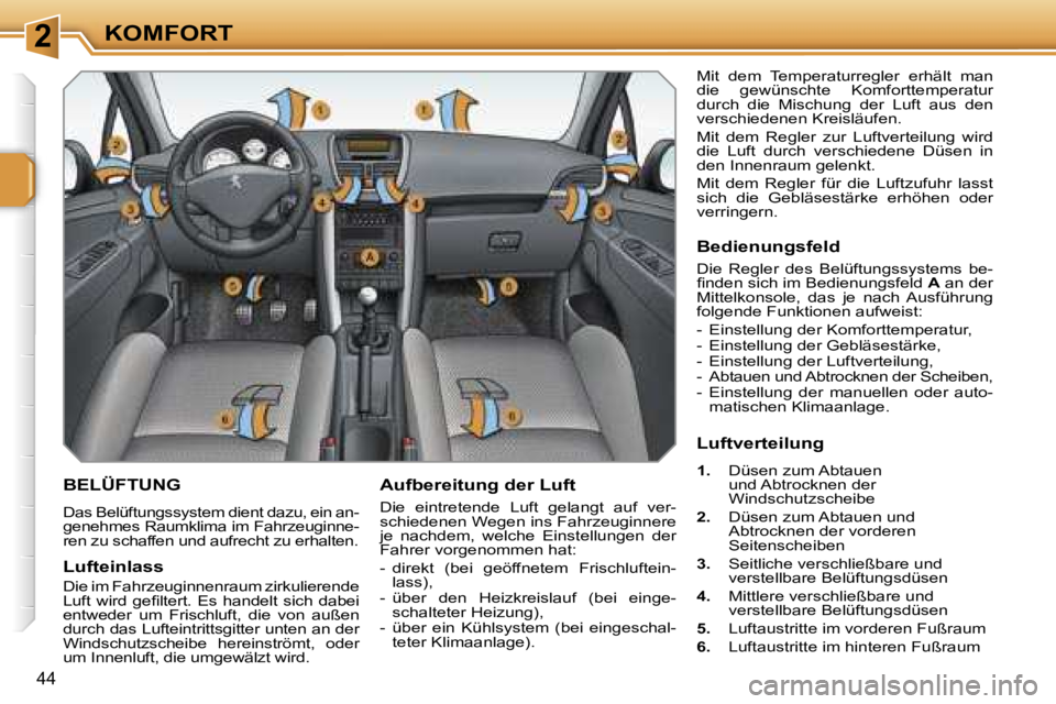 PEUGEOT 207 2006.5  Betriebsanleitungen (in German) �2�K�O�M�F�O�R�T
�4�4
�B�E�L�Ü�F�T�U�N�G
�D�a�s� �B�e�l�ü�f�t�u�n�g�s�s�y�s�t�e�m� �d�i�e�n�t� �d�a�z�u�,� �e�i�n� �a�n�- 
�g�e�n�e�h�m�e�s� �R�a�u�m�k�l�i�m�a� �i�m� �F�a�h�r�z�e�u�g�i�n�n�e�-
�r�e