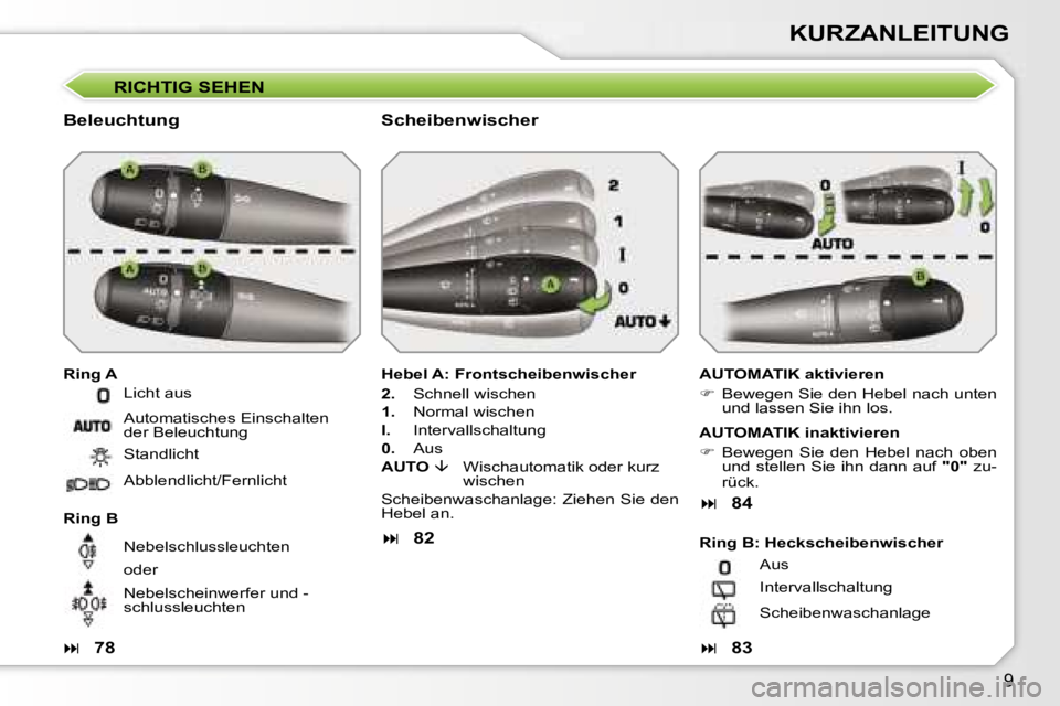 PEUGEOT 207 2006.5  Betriebsanleitungen (in German) �9
�K�U�R�Z�A�N�L�E�I�T�U�N�G
�R�I�C�H�T�I�G� �S�E�H�E�N
�B�e�l�e�u�c�h�t�u�n�g� 
�R�i�n�g� �A�A�U�T�O�M�A�T�I�K� �a�k�t�i�v�i�e�r�e�n�  
��  �B�e�w�e�g�e�n� �S�i�e� �d�e�n� �H�e�b�e�l� �n�a�c�h� �