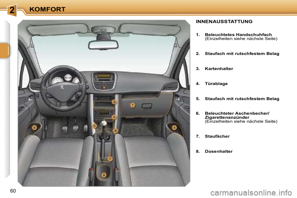 PEUGEOT 207 2006.5  Betriebsanleitungen (in German) �2�K�O�M�F�O�R�T
�6�0
�I�N�N�E�N�A�U�S�S�T�A�T�T�U�N�G
�1�.�  �B�e�l�e�u�c�h�t�e�t�e�s� �H�a�n�d�s�c�h�u�h�f�a�c�h�(�E�i�n�z�e�l�h�e�i�t�e�n� �s�i�e�h�e� �n�ä�c�h�s�t�e� �S�e�i�t�e�)
�2�.�  �S�t�a�u�