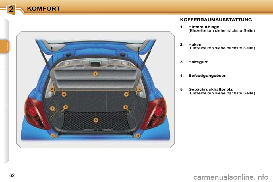 PEUGEOT 207 2006.5  Betriebsanleitungen (in German) �2�K�O�M�F�O�R�T
�6�2
�K�O�F�F�E�R�R�A�U�M�A�U�S�S�T�A�T�T�U�N�G
�1�.�  �H�i�n�t�e�r�e� �A�b�l�a�g�e� �(�E�i�n�z�e�l�h�e�i�t�e�n� �s�i�e�h�e� �n�ä�c�h�s�t�e� �S�e�i�t�e�)
�2�.�  �H�a�k�e�n �(�E�i�n�z