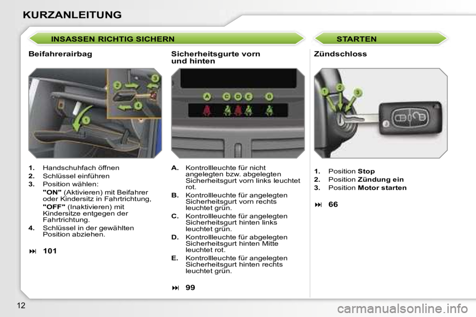 PEUGEOT 207 2006.5  Betriebsanleitungen (in German) �1�2
�K�U�R�Z�A�N�L�E�I�T�U�N�G
�I�N�S�A�S�S�E�N� �R�I�C�H�T�I�G� �S�I�C�H�E�R�N
�B�e�i�f�a�h�r�e�r�a�i�r�b�a�g�Z�ü�n�d�s�c�h�l�o�s�s
�1�.�  �H�a�n�d�s�c�h�u�h�f�a�c�h� �ö�f�f�n�e�n� 
�2�. �  �S�c�h