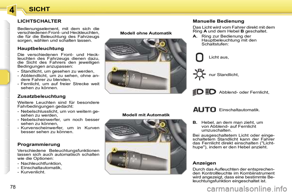 PEUGEOT 207 2006.5  Betriebsanleitungen (in German) �4
�7�8
�L�I�C�H�T�S�C�H�A�L�T�E�R� 
�B�e�d�i�e�n�u�n�g�s�e�l�e�m�e�n�t�,�  �m�i�t�  �d�e�m�  �s�i�c�h�  �d�i�e�  
�v�e�r�s�c�h�i�e�d�e�n�e�n� �F�r�o�n�t�-� �u�n�d� �H�e�c�k�l�e�u�c�h�t�e�n�,� 
�d�i�e
