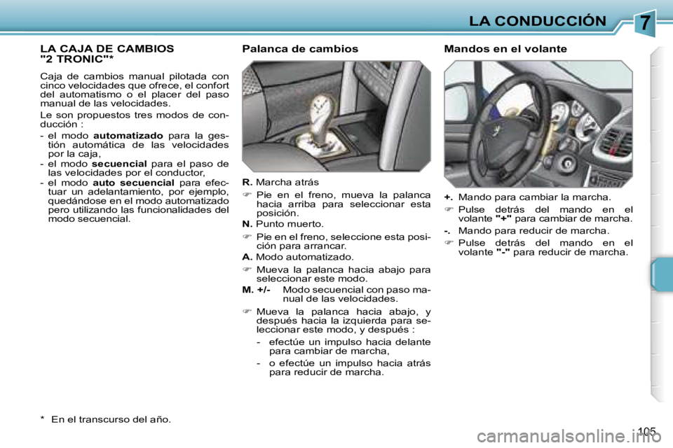 PEUGEOT 207 2006.5  Manual del propietario (in Spanish) �7�L�A� �C�O�N�D�U�C�C�I�Ó�N
�1�0�5
�L�A� �C�A�J�A� �D�E� �C�A�M�B�I�O�S�  
�"�2� �T�R�O�N�I�C�"�*
�C�a�j�a�  �d�e�  �c�a�m�b�i�o�s�  �m�a�n�u�a�l�  �p�i�l�o�t�a�d�a�  �c�o�n�  
�c�i�n�c�o� �