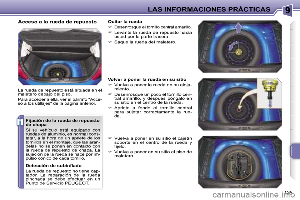 PEUGEOT 207 2006.5  Manual del propietario (in Spanish) �9
�i
�L�A�S� �I�N�F�O�R�M�A�C�I�O�N�E�S� �P�R�Á�C�T�I�C�A�S
�1�2�5
�F�i�j�a�c�i�ó�n� �d�e� �l�a� �r�u�e�d�a� �d�e� �r�e�p�u�e�s�t�o�  
�d�e� �c�h�a�p�a 
�S�i�  �s�u�  �v�e�h�í�c�u�l�o�  �e�s�t�á�