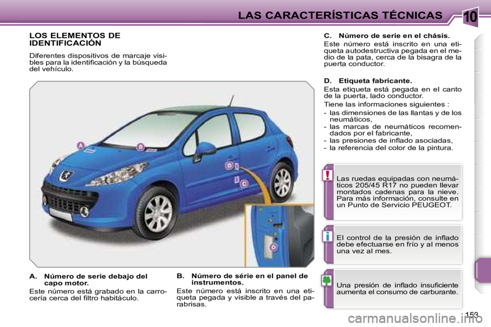 PEUGEOT 207 2006.5  Manual del propietario (in Spanish) �1�0
�!
�i
�1�5�3
�L�O�S� �E�L�E�M�E�N�T�O�S� �D�E�  
�I�D�E�N�T�I�F�I�C�A�C�I�Ó�N
�D�i�f�e�r�e�n�t�e�s� �d�i�s�p�o�s�i�t�i�v�o�s� �d�e� �m�a�r�c�a�j�e� �v�i�s�i�- 
�b�l�e�s� �p�a�r�a� �l�a� �i�d�e�n