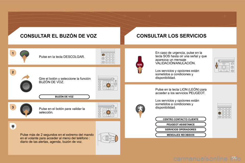 PEUGEOT 207 2006.5  Manual del propietario (in Spanish) �1�6�9
�1 
�2 
�3
�G�i�r�e� �e�l� �b�o�t�ó�n� �y� �s�e�l�e�c�c�i�o�n�e� �l�a� �f�u�n�c�i�ó�n�  
�B�U�Z�Ó�N� �D�E� �V�O�Z�.�P�u�l�s�e� �e�n� �l�a� �t�e�c�l�a� �D�E�S�C�O�L�G�A�R�. 
�P�u�l�s�e� �e�n�
