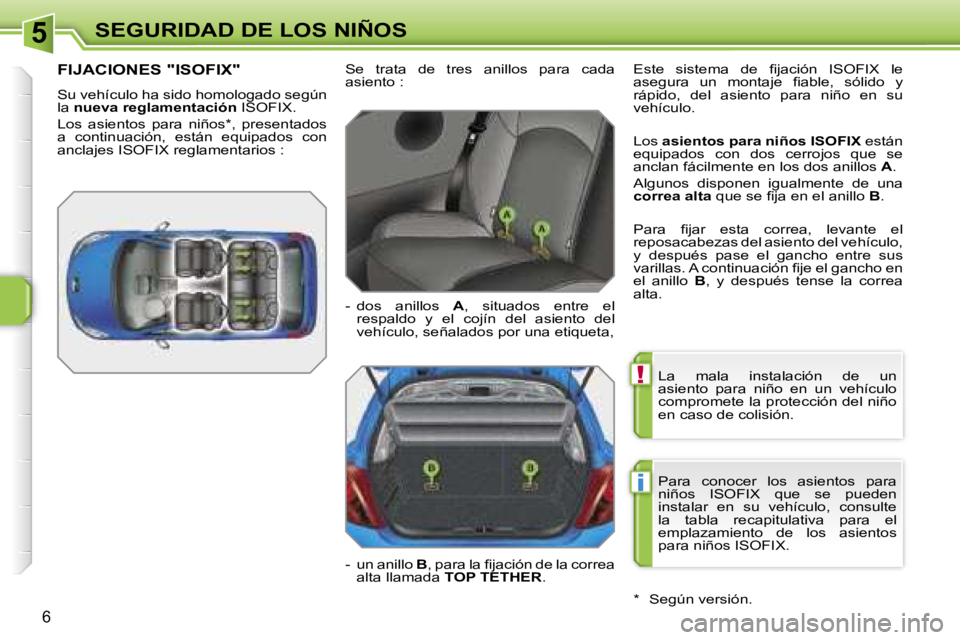 PEUGEOT 207 2006.5  Manual del propietario (in Spanish) �5
�!
�i
�S�E�G�U�R�I�D�A�D� �D�E� �L�O�S� �N�I�Ñ�O�S
�6
�L�a�  �m�a�l�a�  �i�n�s�t�a�l�a�c�i�ó�n�  �d�e�  �u�n�  
�a�s�i�e�n�t�o�  �p�a�r�a�  �n�i�ñ�o�  �e�n�  �u�n�  �v�e�h�í�c�u�l�o� 
�c�o�m�p�