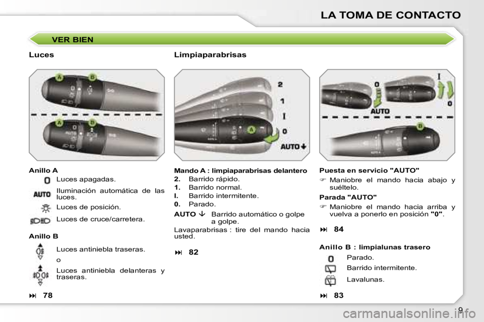 PEUGEOT 207 2006.5  Manual del propietario (in Spanish) �9
�L�A� �T�O�M�A� �D�E� �C�O�N�T�A�C�T�O
�V�E�R� �B�I�E�N
�L�u�c�e�s
�A�n�i�l�l�o� �A�P�u�e�s�t�a� �e�n� �s�e�r�v�i�c�i�o� �"�A�U�T�O�" 
��  �M�a�n�i�o�b�r�e�  �e�l�  �m�a�n�d�o�  �h�a�c�i