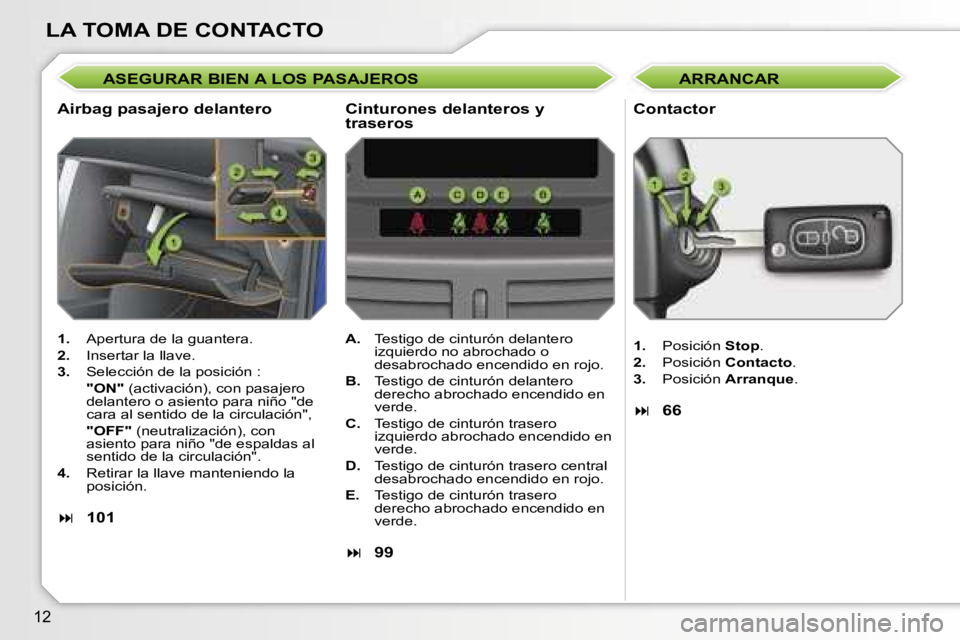 PEUGEOT 207 2006.5  Manual del propietario (in Spanish) �1�2
�L�A� �T�O�M�A� �D�E� �C�O�N�T�A�C�T�O
�A�S�E�G�U�R�A�R� �B�I�E�N� �A� �L�O�S� �P�A�S�A�J�E�R�O�S
�A�i�r�b�a�g� �p�a�s�a�j�e�r�o� �d�e�l�a�n�t�e�r�o�C�o�n�t�a�c�t�o�r
�1�.�  �A�p�e�r�t�u�r�a� �d�