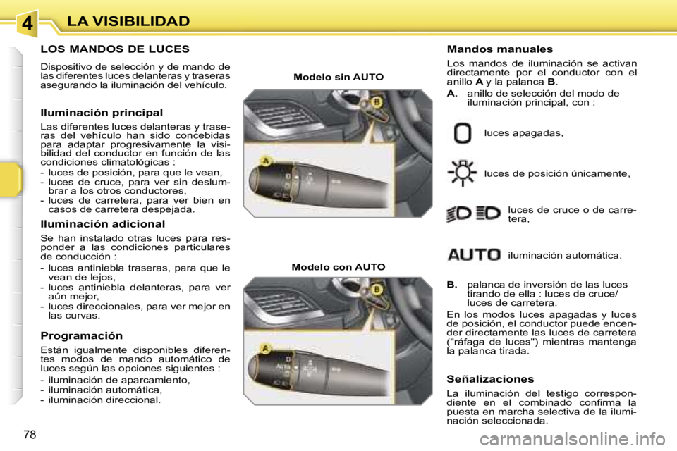PEUGEOT 207 2006.5  Manual del propietario (in Spanish) �4�L�A� �V�I�S�I�B�I�L�I�D�A�D
�7�8
�L�O�S� �M�A�N�D�O�S� �D�E� �L�U�C�E�S� 
�D�i�s�p�o�s�i�t�i�v�o� �d�e� �s�e�l�e�c�c�i�ó�n� �y� �d�e� �m�a�n�d�o� �d�e�  
�l�a�s� �d�i�f�e�r�e�n�t�e�s� �l�u�c�e�s� 