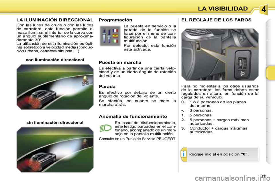 PEUGEOT 207 2006.5  Manual del propietario (in Spanish) �4
�i
�L�A� �V�I�S�I�B�I�L�I�D�A�D
�8�1
�L�A� �I�L�U�M�I�N�A�C�I�Ó�N� �D�I�R�E�C�C�I�O�N�A�L
�C�o�n� �l�a�s� �l�u�c�e�s� �d�e� �c�r�u�c�e� �o� �c�o�n� �l�a�s� �l�u�c�e�s�  
�d�e�  �c�a�r�r�e�t�e�r�a�