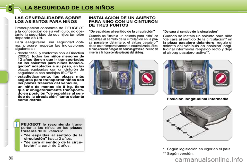 PEUGEOT 207 2006.5  Manual del propietario (in Spanish) �5
�i
�L�A� �S�E�G�U�R�I�D�A�D� �D�E� �L�O�S� �N�I�Ñ�O�S
�8�6
�P�E�U�G�E�O�T�  �l�e�  �r�e�c�o�m�i�e�n�d�a�  �t�r�a�n�s�-
�p�o�r�t�a�r�  �a�  �l�o�s�  �n�i�ñ�o�s�  �e�n�  �l�a�s�  �p�l�a�z�a�s� 
�t�