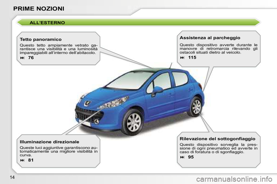 PEUGEOT 207 2006.5  Manuale duso (in Italian) �1�4
�P�R�I�M�E� �N�O�Z�I�O�N�I
�A�L�L�’�E�S�T�E�R�N�O
�T�e�t�t�o� �p�a�n�o�r�a�m�i�c�o
�Q�u�e�s�t�o�  �t�e�t�t�o�  �a�m�p�i�a�m�e�n�t�e�  �v�e�t�r�a�t�o�  �g�a�- 
�r�a�n�t�i�s�c�e�  �u�n�a�  �v�i�s