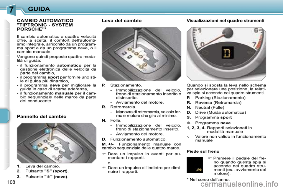 PEUGEOT 207 2006.5  Manuale duso (in Italian) �7�G�U�I�D�A
�1�0�8
�C�A�M�B�I�O� �A�U�T�O�M�A�T�I�C�O�  
�"�T�I�P�T�R�O�N�I�C� �-� �S�Y�S�T�E�M� 
�P�O�R�S�C�H�E�"�*
�I�l�  �c�a�m�b�i�o�  �a�u�t�o�m�a�t�i�c�o�  �a�  �q�u�a�t�t�r�o�  �v�e�l�