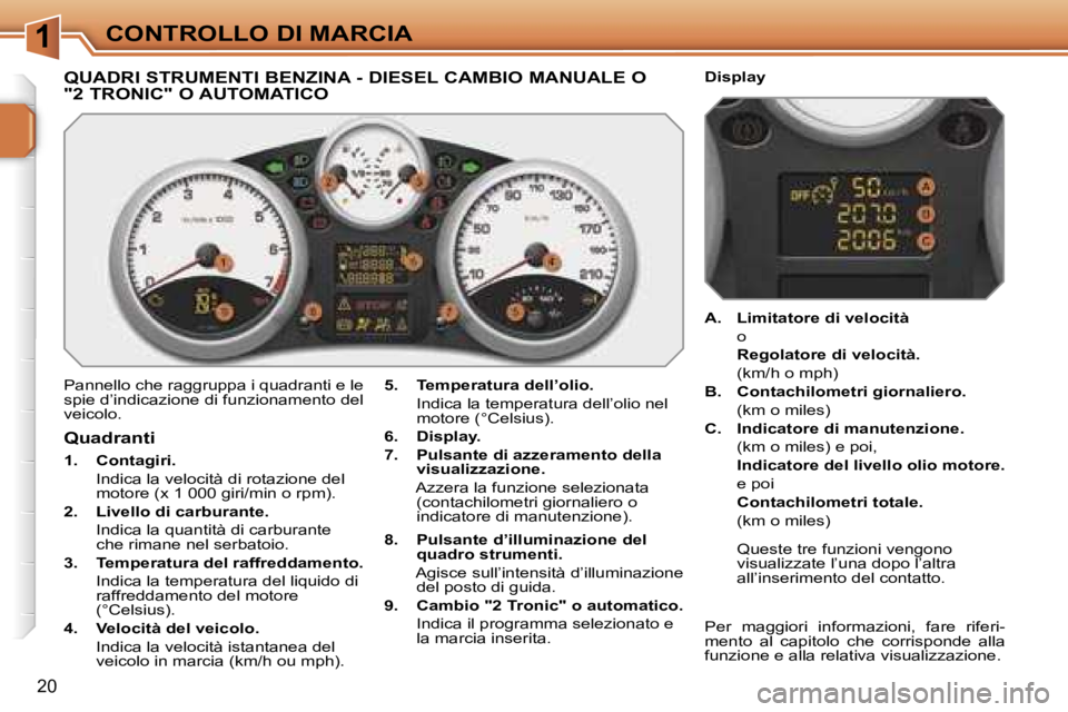 PEUGEOT 207 2006.5  Manuale duso (in Italian) �1�C�O�N�T�R�O�L�L�O� �D�I� �M�A�R�C�I�A
�2�0
�Q�U�A�D�R�I� �S�T�R�U�M�E�N�T�I� �B�E�N�Z�I�N�A� �-� �D�I�E�S�E�L� �C�A�M�B�I�O� �M�A�N�U�A�L�E� �O�  
�"�2� �T�R�O�N�I�C�"� �O� �A�U�T�O�M�A�T�I