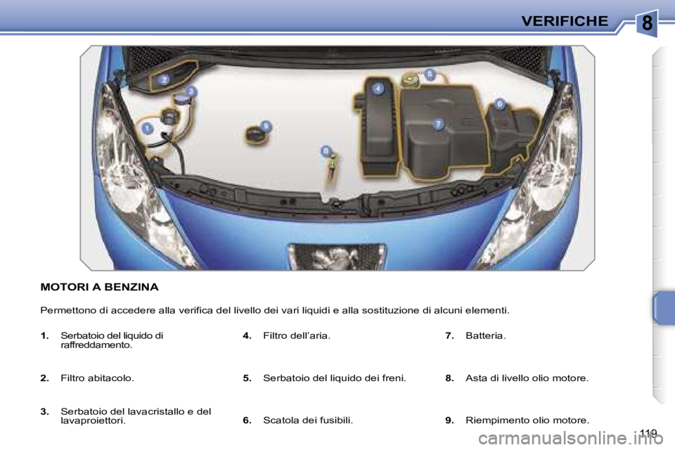 PEUGEOT 207 2006.5  Manuale duso (in Italian) �8�V�E�R�I�F�I�C�H�E
�1�1�9
�M�O�T�O�R�I� �A� �B�E�N�Z�I�N�A
�P�e�r�m�e�t�t�o�n�o� �d�i� �a�c�c�e�d�e�r�e� �a�l�l�a� �v�e�r�i�f�i�c�a� �d�e�l� �l�i�v�e�l�l�o� �d�e�i� �v�a�r�i� �l�i�q�u�i�d�i� �e� �a�