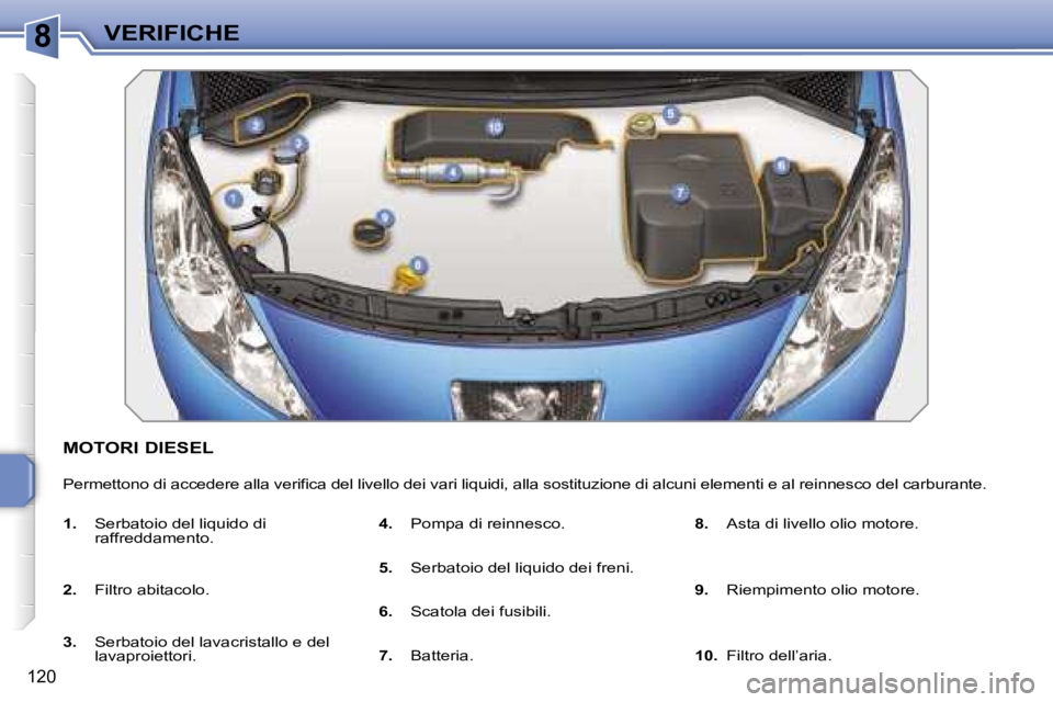 PEUGEOT 207 2006.5  Manuale duso (in Italian) �8�V�E�R�I�F�I�C�H�E
�1�2�0
�M�O�T�O�R�I� �D�I�E�S�E�L
�P�e�r�m�e�t�t�o�n�o� �d�i� �a�c�c�e�d�e�r�e� �a�l�l�a� �v�e�r�i�f�i�c�a� �d�e�l� �l�i�v�e�l�l�o� �d�e�i� �v�a�r�i� �l�i�q�u�i�d�i�,� �a�l�l�a� �