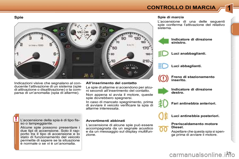 PEUGEOT 207 2006.5  Manuale duso (in Italian) �1
�!
�C�O�N�T�R�O�L�L�O� �D�I� �M�A�R�C�I�A
�2�1
�L�’�a�c�c�e�n�s�i�o�n�e� �d�e�l�l�a� �s�p�i�a� �è� �d�i� �t�i�p�o� �f�i�s�- 
�s�o� �o� �l�a�m�p�e�g�g�i�a�n�t�e�. 
�A�l�c�u�n�e�  �s�p�i�e�  �p�o�