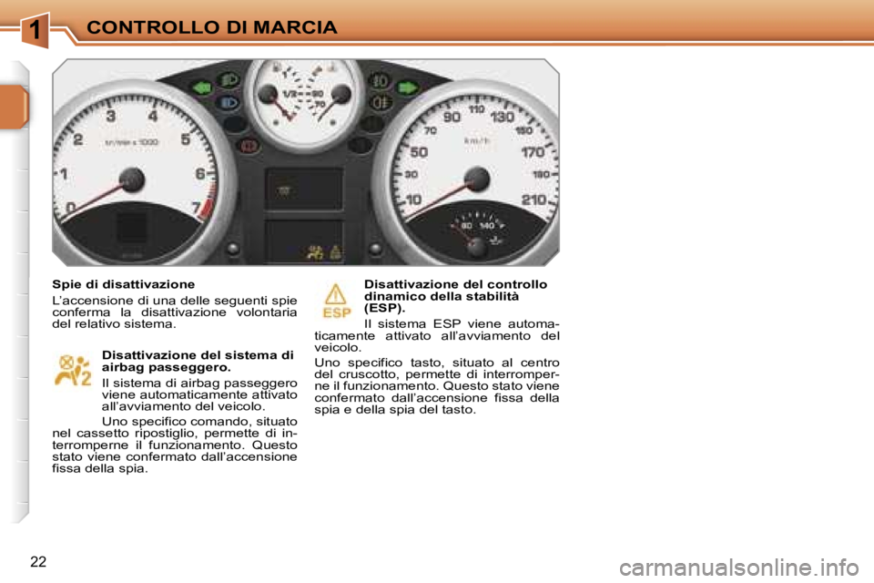 PEUGEOT 207 2006.5  Manuale duso (in Italian) �1�C�O�N�T�R�O�L�L�O� �D�I� �M�A�R�C�I�A
�2�2
�S�p�i�e� �d�i� �d�i�s�a�t�t�i�v�a�z�i�o�n�e 
�L�’�a�c�c�e�n�s�i�o�n�e� �d�i� �u�n�a� �d�e�l�l�e� �s�e�g�u�e�n�t�i� �s�p�i�e�  
�c�o�n�f�e�r�m�a�  �l�a�
