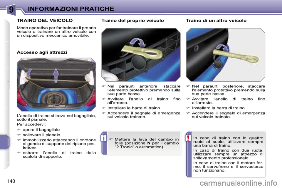 PEUGEOT 207 2006.5  Manuale duso (in Italian) �9
�!�i
�I�N�F�O�R�M�A�Z�I�O�N�I� �P�R�A�T�I�C�H�E
�1�4�0
�T�R�A�I�N�O� �D�E�L� �V�E�I�C�O�L�O
�M�o�d�o� �o�p�e�r�a�t�i�v�o� �p�e�r� �f�a�r� �t�r�a�i�n�a�r�e� �i�l� �p�r�o�p�r�i�o�  
�v�e�i�c�o�l�o�  