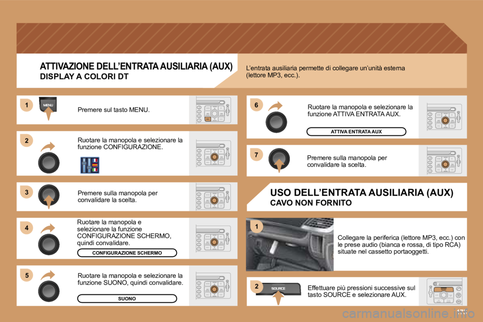 PEUGEOT 207 2006.5  Manuale duso (in Italian) �1�7�3
�2 
�3 
�4�5 �6 
�7
�1
�1
�2
�A�T�T�I�V�A�Z�I�O�N�E� �D�E�L�L�’�E�N�T�R�A�T�A� �A�U�S�I�L�I�A�R�I�A� �(�A�U�X�)
�D�I�S�P�L�A�Y� �A� �C�O�L�O�R�I� �D�T
�P�r�e�m�e�r�e� �s�u�l� �t�a�s�t�o� �M�E