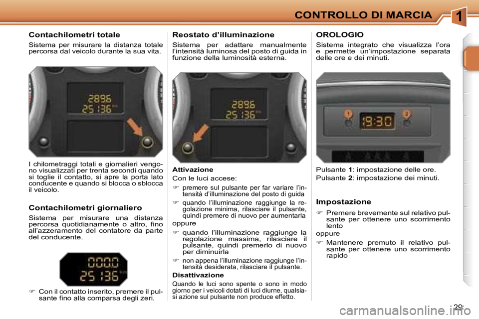 PEUGEOT 207 2006.5  Manuale duso (in Italian) �1�C�O�N�T�R�O�L�L�O� �D�I� �M�A�R�C�I�A
�2�9
�C�o�n�t�a�c�h�i�l�o�m�e�t�r�i� �t�o�t�a�l�e
�S�i�s�t�e�m�a�  �p�e�r�  �m�i�s�u�r�a�r�e�  �l�a�  �d�i�s�t�a�n�z�a�  �t�o�t�a�l�e�  
�p�e�r�c�o�r�s�a� �d�a