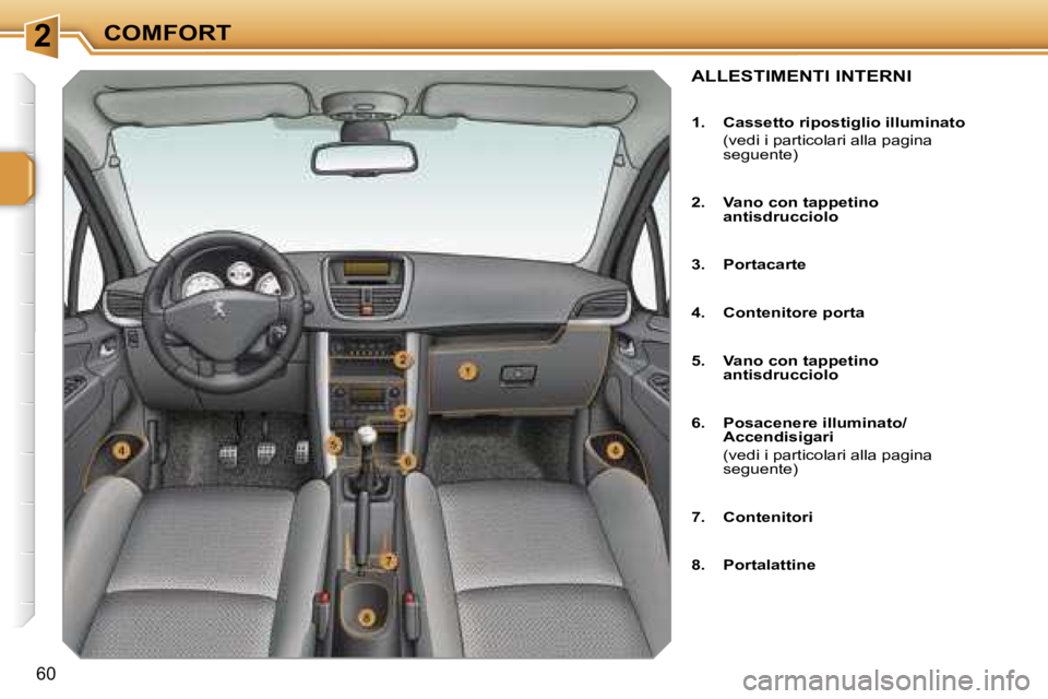 PEUGEOT 207 2006.5  Manuale duso (in Italian) �2�C�O�M�F�O�R�T
�6�0
�A�L�L�E�S�T�I�M�E�N�T�I� �I�N�T�E�R�N�I
�1�.�  �C�a�s�s�e�t�t�o� �r�i�p�o�s�t�i�g�l�i�o� �i�l�l�u�m�i�n�a�t�o 
�  �(�v�e�d�i� �i� �p�a�r�t�i�c�o�l�a�r�i� �a�l�l�a� �p�a�g�i�n�a�