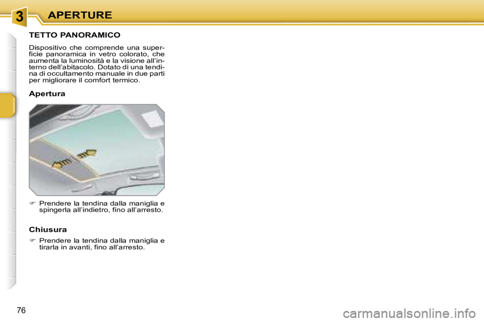 PEUGEOT 207 2006.5  Manuale duso (in Italian) �3�A�P�E�R�T�U�R�E
�7�6
�T�E�T�T�O� �P�A�N�O�R�A�M�I�C�O
�D�i�s�p�o�s�i�t�i�v�o�  �c�h�e�  �c�o�m�p�r�e�n�d�e�  �u�n�a�  �s�u�p�e�r�- 
�f�i�c�i�e�  �p�a�n�o�r�a�m�i�c�a�  �i�n�  �v�e�t�r�o�  �c�o�l�o�
