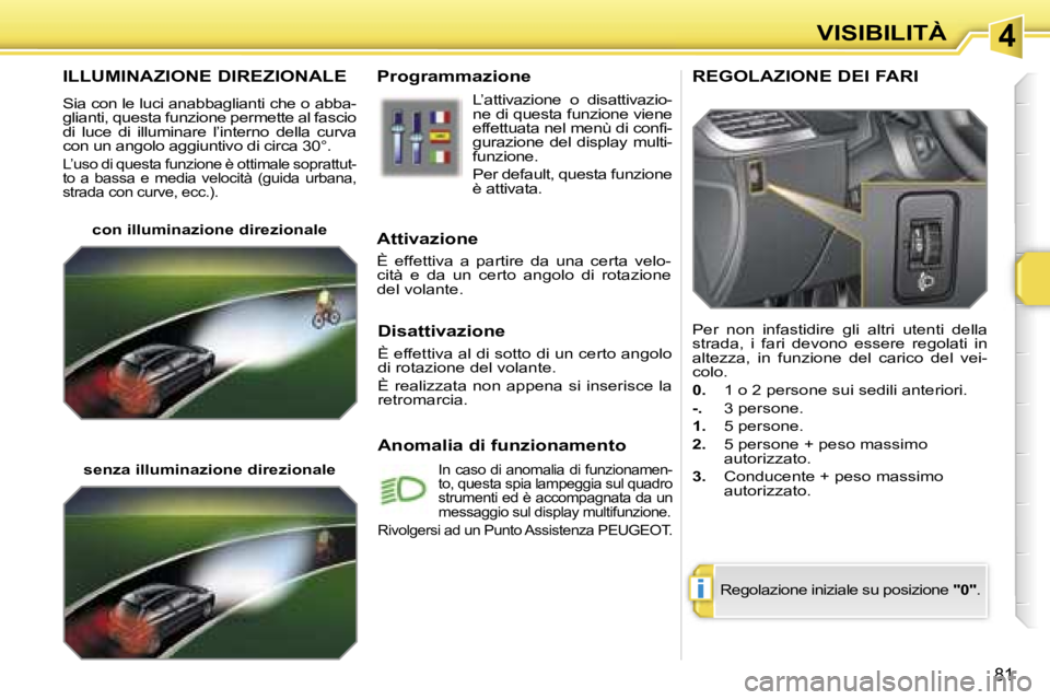 PEUGEOT 207 2006.5  Manuale duso (in Italian) �4
�i
�V�I�S�I�B�I�L�I�T�À
�8�1
�I�L�L�U�M�I�N�A�Z�I�O�N�E� �D�I�R�E�Z�I�O�N�A�L�E
�S�i�a� �c�o�n� �l�e� �l�u�c�i� �a�n�a�b�b�a�g�l�i�a�n�t�i� �c�h�e� �o� �a�b�b�a�- 
�g�l�i�a�n�t�i�,� �q�u�e�s�t�a� 