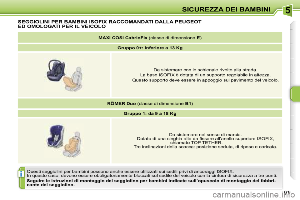 PEUGEOT 207 2006.5  Manuale duso (in Italian) �5
�i
�S�I�C�U�R�E�Z�Z�A� �D�E�I� �B�A�M�B�I�N�I
�9�1
�S�E�G�G�I�O�L�I�N�I� �P�E�R� �B�A�M�B�I�N�I� �I�S�O�F�I�X� �R�A�C�C�O�M�A�N�D�A�T�I� �D�A�L�L�A� �P�E�U�G�E�O�T�  
�E�D� �O�M�O�L�O�G�A�T�I� �P�E