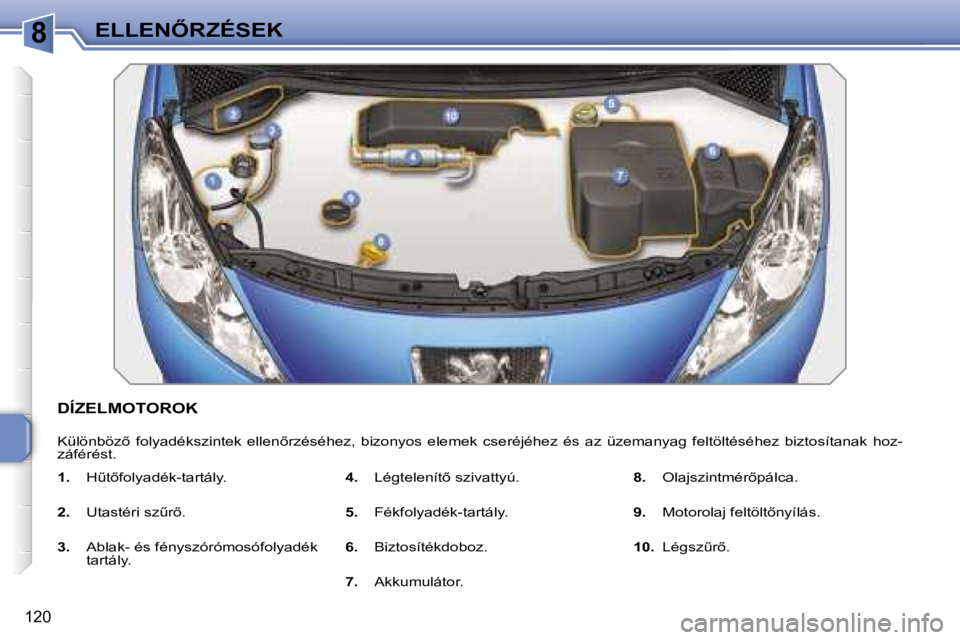 PEUGEOT 207 2006.5  Kezelési útmutató (in Hungarian) �8�E�L�L�E�N4�R�Z�É�S�E�K
�1�2�0
�D�Í�Z�E�L�M�O�T�O�R�O�K
�K�ü�l�ö�n�b�ö�z5�  �f�o�l�y�a�d�é�k�s�z�i�n�t�e�k�  �e�l�l�e�n5�r�z�é�s�é�h�e�z�,�  �b�i�z�o�n�y�o�s�  �e�l�e�m�e�k�  �c�s�e�r�é�