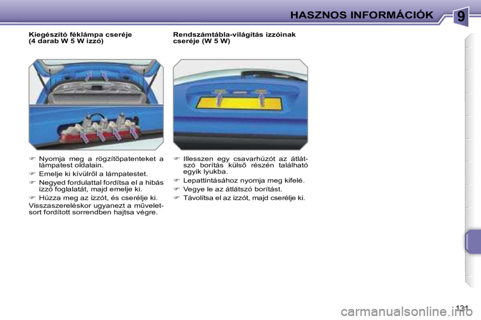 PEUGEOT 207 2006.5  Kezelési útmutató (in Hungarian) �9�H�A�S�Z�N�O�S� �I�N�F�O�R�M�Á�C�I�Ó�K
�1�3�1
�K�i�e�g�é�s�z�í�t�ó� �f�é�k�l�á�m�p�a� �c�s�e�r�é�j�e�  
�(�4� �d�a�r�a�b� �W� �5� �W� �i�z�z�ó�) 
��  �N�y�o�m�j�a�  �m�e�g�  �a�  �r�ö�g