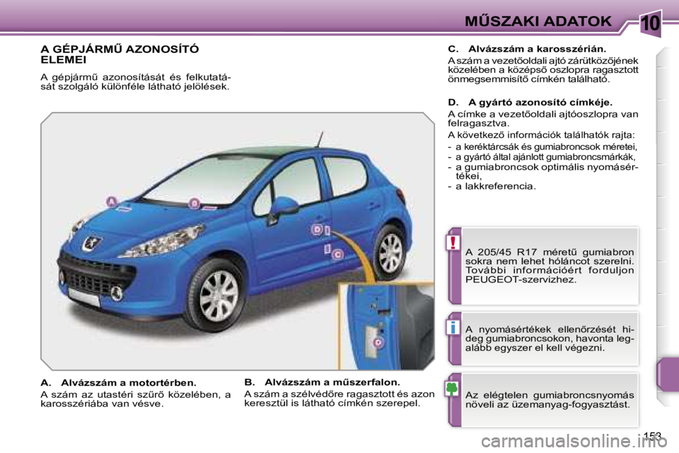 PEUGEOT 207 2006.5  Kezelési útmutató (in Hungarian) �1�0
�!
�i
�MB�S�Z�A�K�I� �A�D�A�T�O�K
�1�5�3
�A� �G�É�P�J�Á�R�MB� �A�Z�O�N�O�S�Í�T�Ó�  
�E�L�E�M�E�I
�A�  �g�é�p�j�á�r�mC�  �a�z�o�n�o�s�í�t�á�s�á�t�  �é�s�  �f�e�l�k�u�t�a�t�á�- 
�s�á