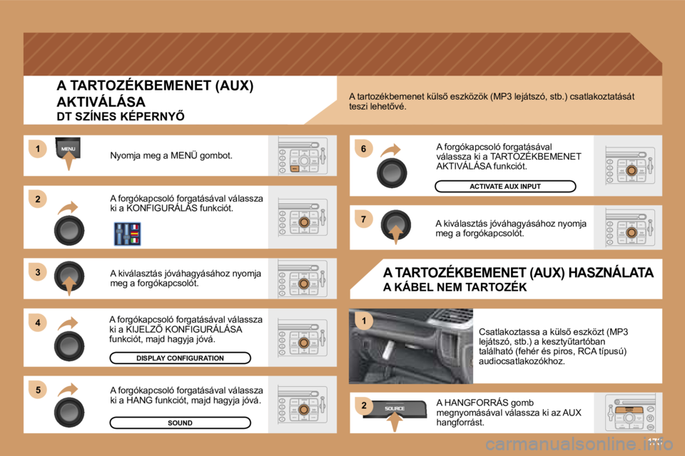 PEUGEOT 207 2006.5  Kezelési útmutató (in Hungarian) �1�7�3
�2 
�3 
�4�5 �6 
�7
�1
�1
�2
�A� �T�A�R�T�O�Z�É�K�B�E�M�E�N�E�T� �(�A�U�X�)�  
�A�K�T�I�V�Á�L�Á�S�A� 
�D�T� �S�Z�Í�N�E�S� �K�É�P�E�R�N�Y4
�N�y�o�m�j�a� �m�e�g� �a� �M�E�N�Ü� �g�o�m�b�o�t