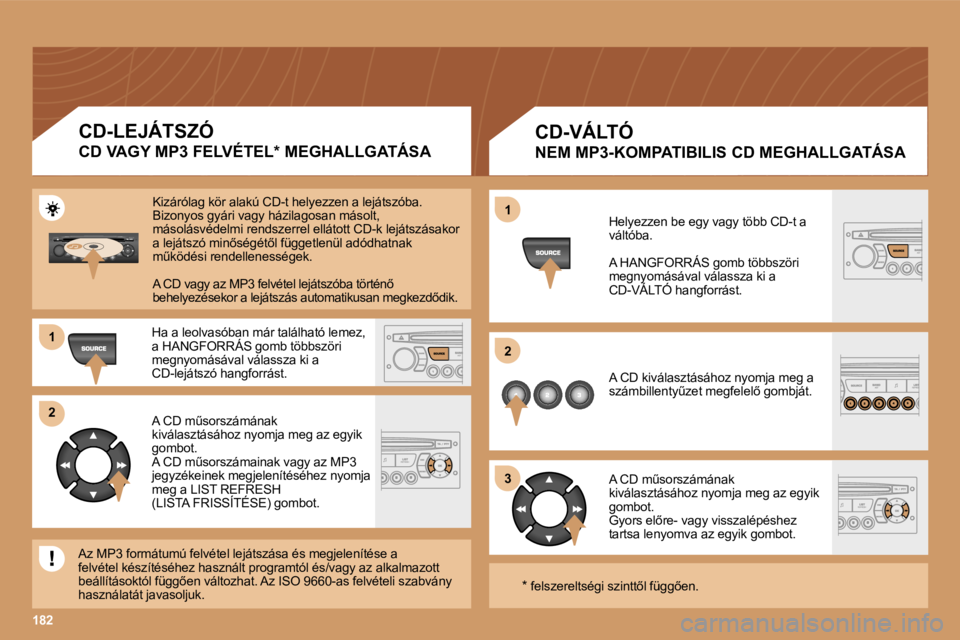 PEUGEOT 207 2006.5  Kezelési útmutató (in Hungarian) �1 
�2 
�3
�1�8�2
�1 
�2
�C�D�-�V�Á�L�T�Ó
�N�E�M� �M�P�3�-�K�O�M�P�A�T�I�B�I�L�I�S� �C�D� �M�E�G�H�A�L�L�G�A�T�Á�S�A
�H�e�l�y�e�z�z�e�n� �b�e� �e�g�y� �v�a�g�y� �t�ö�b�b� �C�D�-�t� �a�  
�v�á�l�t