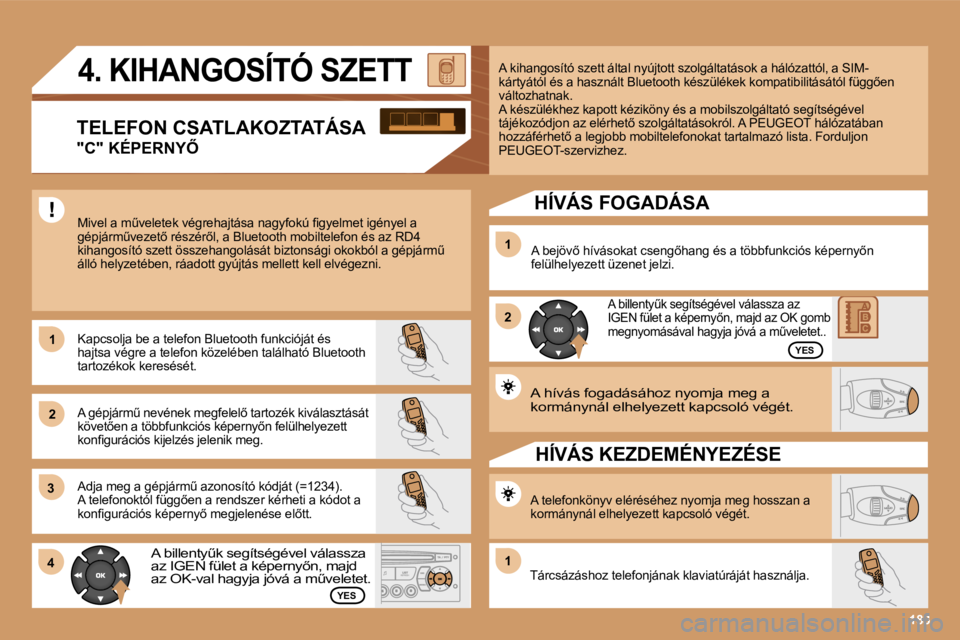 PEUGEOT 207 2006.5  Kezelési útmutató (in Hungarian) �1 
�2�1 
�2
�3 
�4
�1
�A� �h�í�v�á�s� �f�o�g�a�d�á�s�á�h�o�z� �n�y�o�m�j�a� �m�e�g� �a�  
�k�o�r�m�á�n�y�n�á�l� �e�l�h�e�l�y�e�z�e�t�t� �k�a�p�c�s�o�l�ó� �v�é�g�é�t�.� 
�A� �k�i�h�a�n�g�o�s�