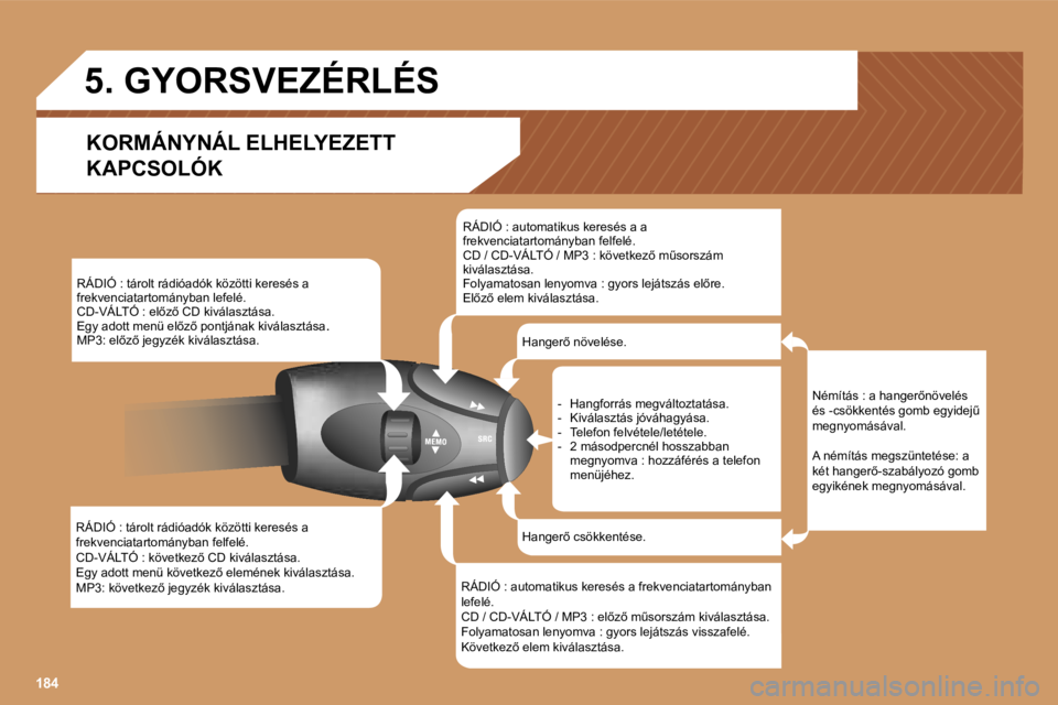 PEUGEOT 207 2006.5  Kezelési útmutató (in Hungarian) �1�8�4
�R�Á�D�I�Ó� �:� �t�á�r�o�l�t� �r�á�d�i�ó�a�d�ó�k� �k�ö�z�ö�t�t�i� �k�e�r�e�s�é�s� �a�  
�f�r�e�k�v�e�n�c�i�a�t�a�r�t�o�m�á�n�y�b�a�n� �f�e�l�f�e�l�é�.
�C�D�-�V�Á�L�T�Ó� �:� �k�ö�v