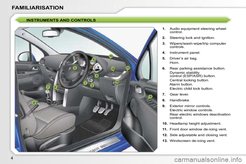 PEUGEOT 207 2005.5  Owners Manual �4
�F�A�M�I�L�I�A�R�I�S�A�T�I�O�N
�I�N�S�T�R�U�M�E�N�T�S� �A�N�D� �C�O�N�T�R�O�L�S
�1�.�  �A�u�d�i�o� �e�q�u�i�p�m�e�n�t� �s�t�e�e�r�i�n�g� �w�h�e�e�l� 
�c�o�n�t�r�o�l�.
�2�. �  �S�t�e�e�r�i�n�g� �l�o