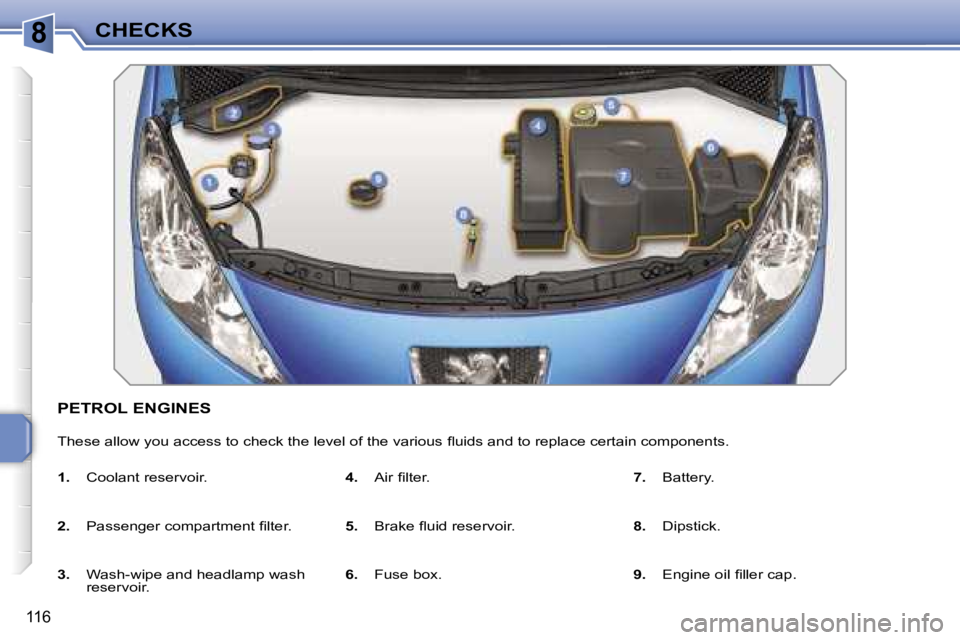 PEUGEOT 207 2005.5  Owners Manual �8
�1�1�6
�P�E�T�R�O�L� �E�N�G�I�N�E�S
�T�h�e�s�e� �a�l�l�o�w� �y�o�u� �a�c�c�e�s�s� �t�o� �c�h�e�c�k� �t�h�e� �l�e�v�e�l� �o�f� �t�h�e� �v�a�r�i�o�u�s� �ﬂ�u�i�d�s� �a�n�d� �t�o� �r�e�p�l�a�c�e� �c�