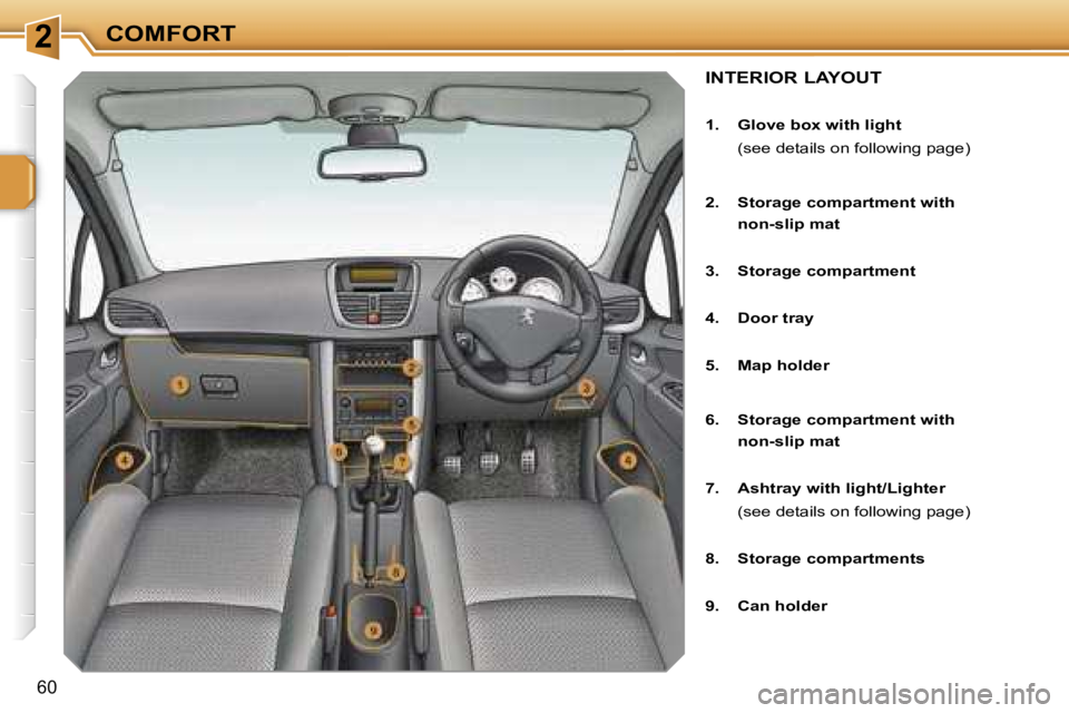 PEUGEOT 207 2005.5 Workshop Manual �2�C�O�M�F�O�R�T
�6�0
�I�N�T�E�R�I�O�R� �L�A�Y�O�U�T
�1�.�  �G�l�o�v�e� �b�o�x� �w�i�t�h� �l�i�g�h�t 
�  �(�s�e�e� �d�e�t�a�i�l�s� �o�n� �f�o�l�l�o�w�i�n�g� �p�a�g�e�) 
�2�.�  �S�t�o�r�a�g�e� �c�o�m�p