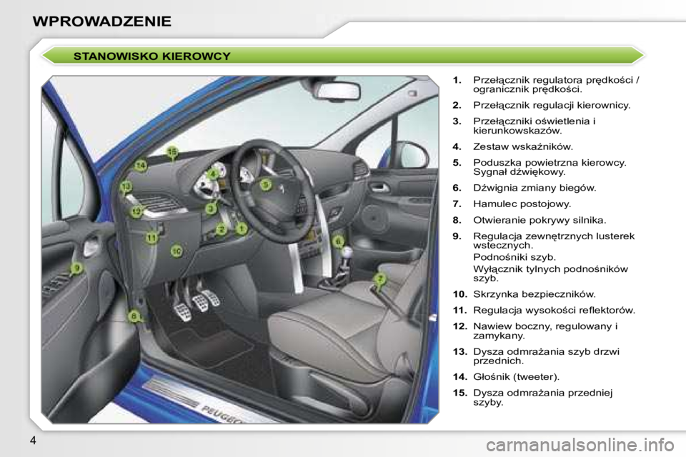 PEUGEOT 207 2005.5  Instrukcja obsługi (in Polish) �4
�W�P�R�O�W�A�D�Z�E�N�I�E
�S�T�A�N�O�W�I�S�K�O� �K�I�E�R�O�W�C�Y
�1�.�  �P�r�z�e�ł"�c�z�n�i�k� �r�e�g�u�l�a�t�o�r�a� �p�r
�d�k�o;�c�i� �/� 
�o�g�r�a�n�i�c�z�n�i�k� �p�r
�d�k�o;�c�i�.
�2�. 