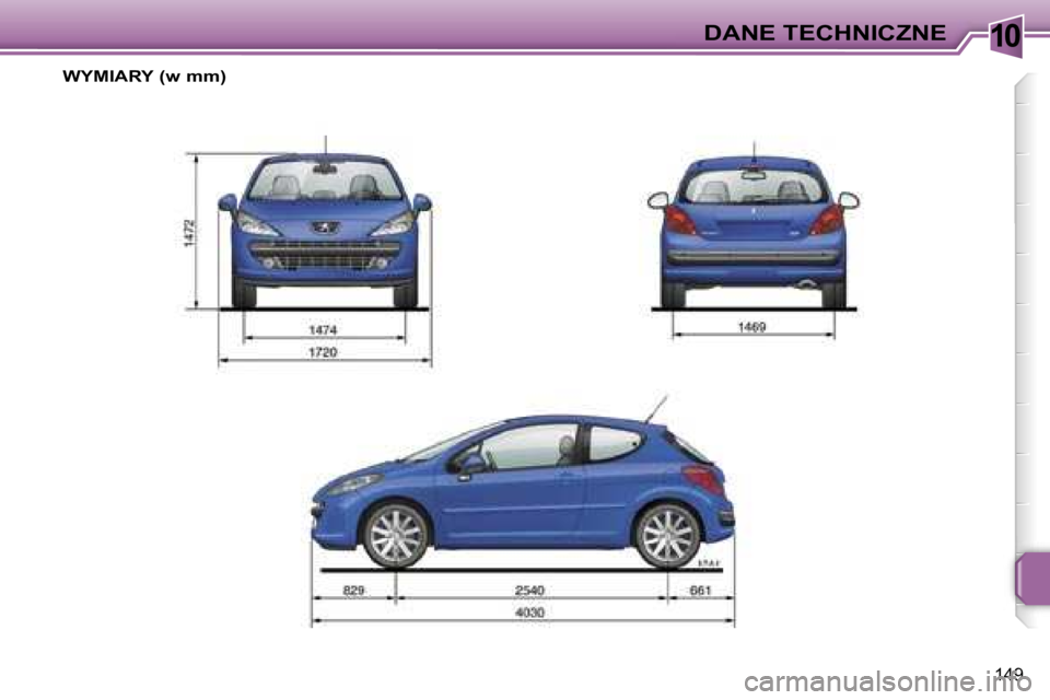 PEUGEOT 207 2005.5  Instrukcja obsługi (in Polish) �1�0�D�A�N�E� �T�E�C�H�N�I�C�Z�N�E
�1�4�9
�W�Y�M�I�A�R�Y� �(�w� �m�m�)   